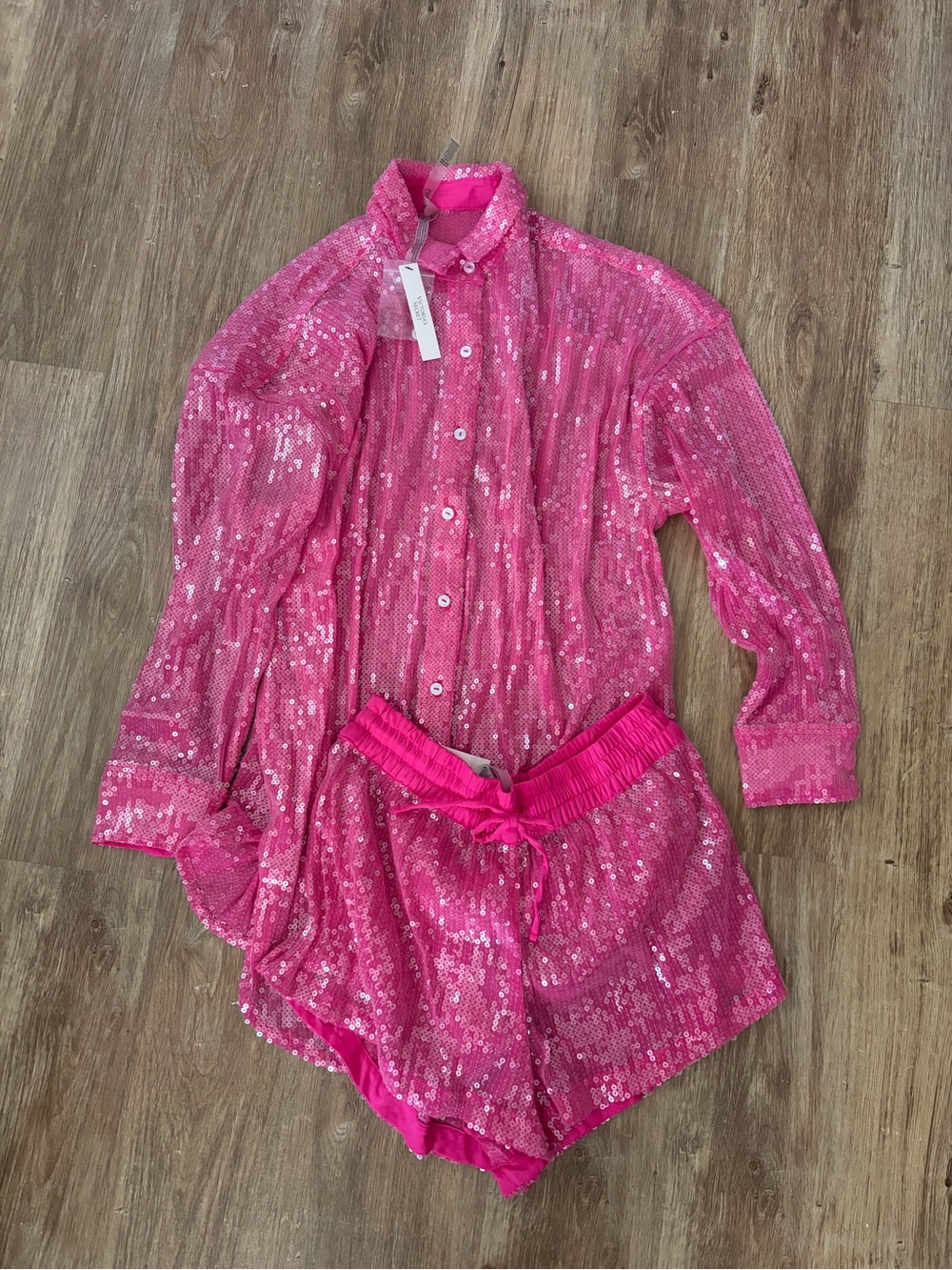 Victoria's Secret Hot Pink Sequin Button-Up Pajama Shirt & Shorts Set